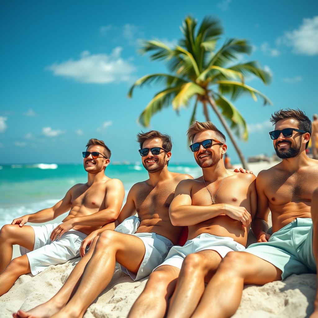A group of men relaxing on a sunny beach, each man stylishly dressed in light summer shorts, enjoying a casual day by the ocean
