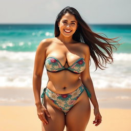 A slender 35-year-old brunette woman with a curvy figure, confidently wearing an eye-catching bikini on a sunny beach