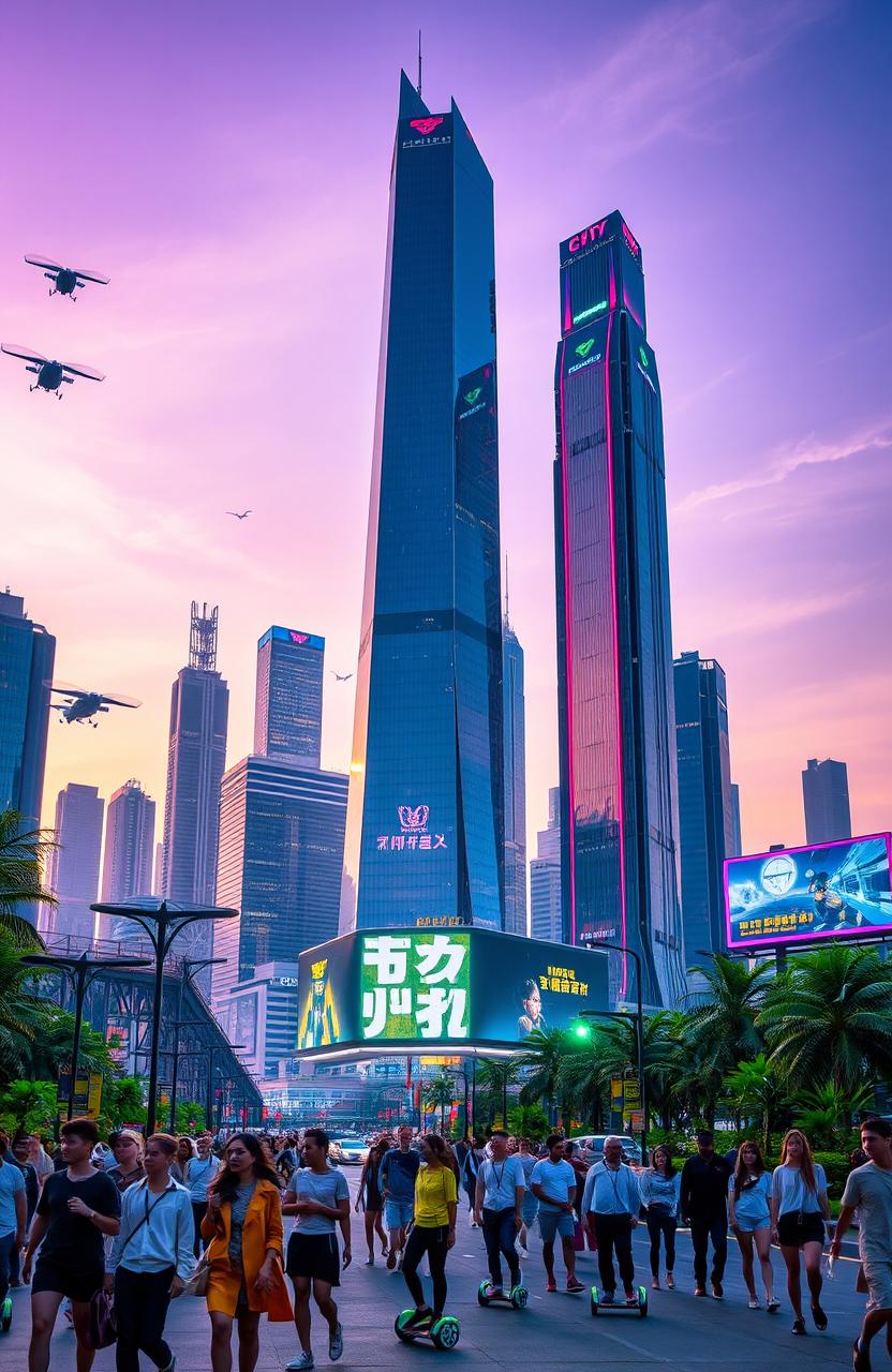 A futuristic cityscape at dusk, featuring tall, sleek skyscrapers made of glass and metal, illuminated by colorful neon lights