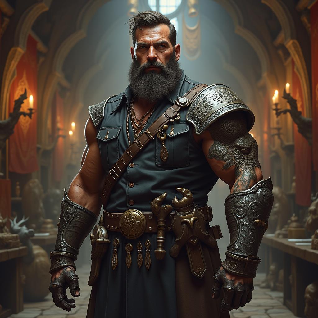 A powerful guildmaster of a monster hunting guild, standing confidently in an ancient, rustic guild hall filled with trophies from monstrous beasts