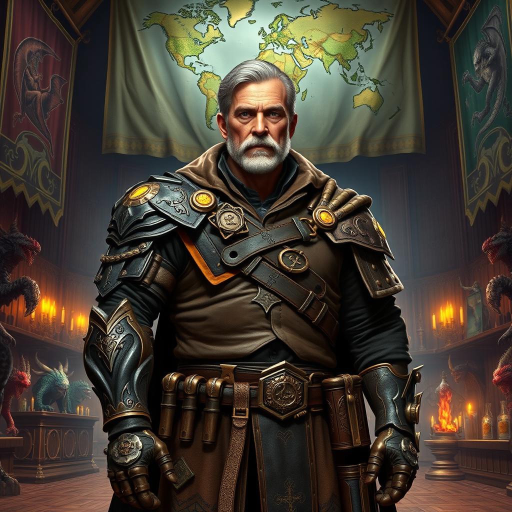 A distinguished guildmaster of a monster hunting guild, exuding charisma and authority, stands in the center of a grand guild hall filled with various trophies of slain monsters