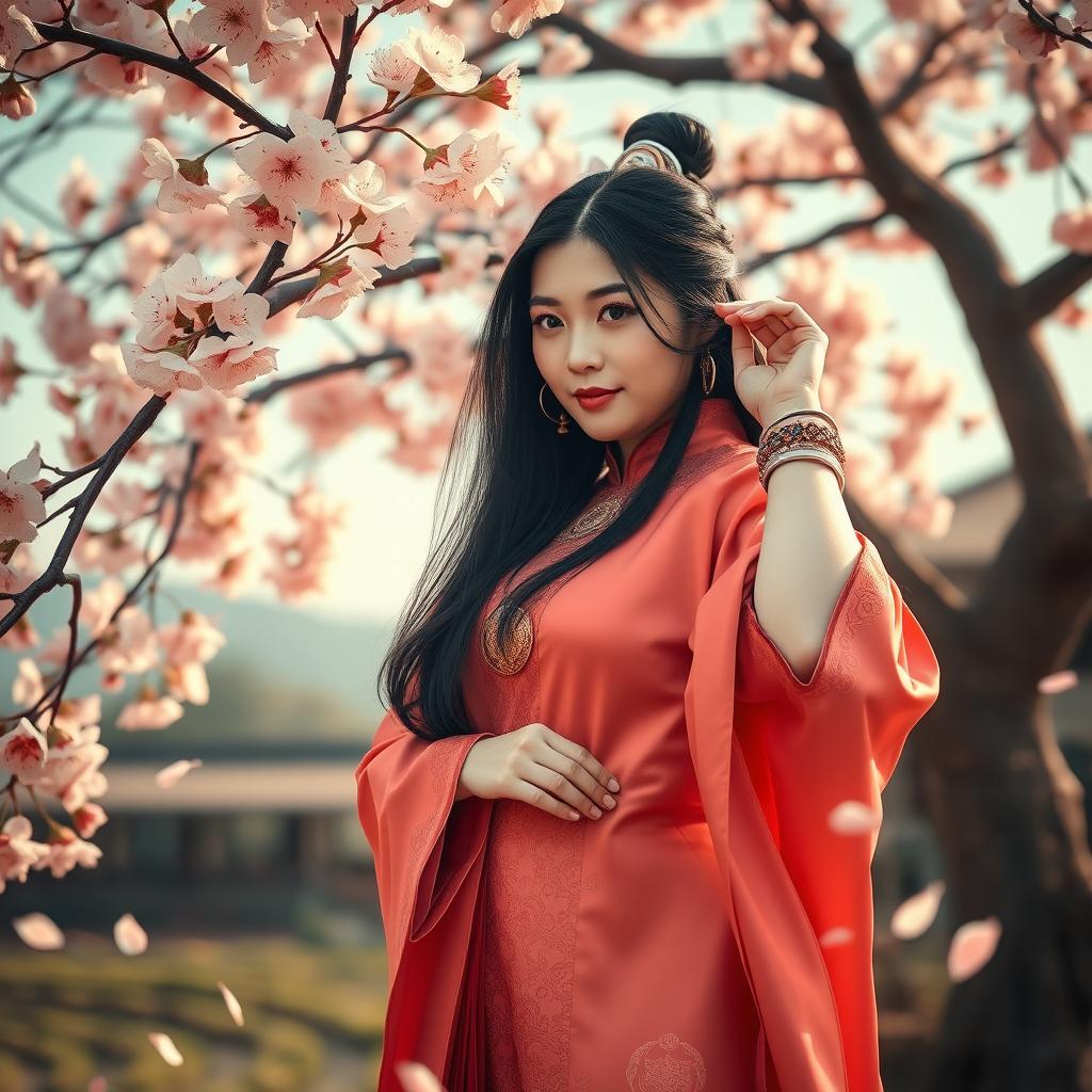 A beautiful, chubby woman with long black hair, dressed in an elegant Chinese swordplay costume, complete with a flowing scarf, intricate bracelet, and a stunning Chinese gold necklace