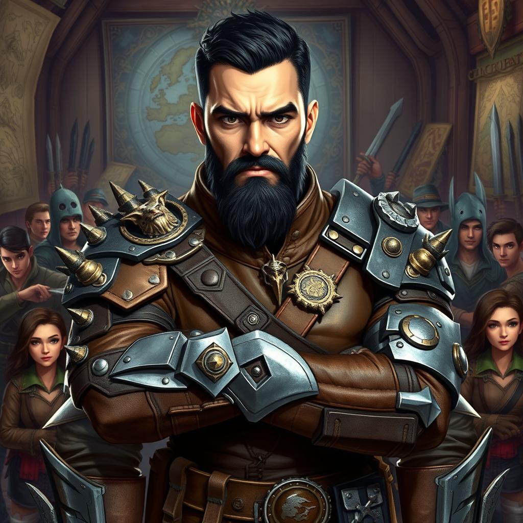 A formidable guildmaster of a monster hunting guild, poised confidently in a bustling guild hall filled with adventurers