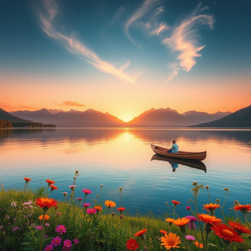 A serene landscape featuring a tranquil lake at sunrise, surrounded by majestic mountains and lush greenery