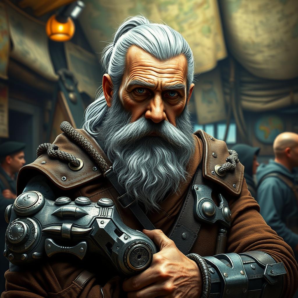 An older man, the esteemed leader of a monster hunting guild, exuding authority and experience