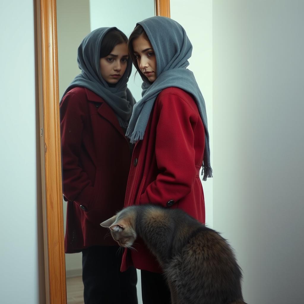 A 19-year-old Iranian girl wearing an old red coat, black pants, and a gray scarf on her head, standing in front of a mirror with a troubled expression on her face