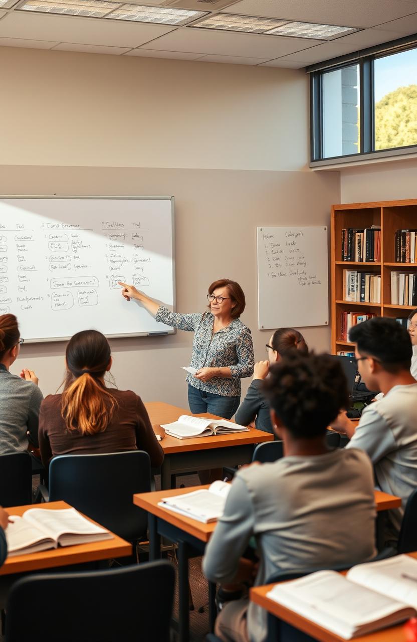 A university classroom setting filled with focused students studying advanced grammar
