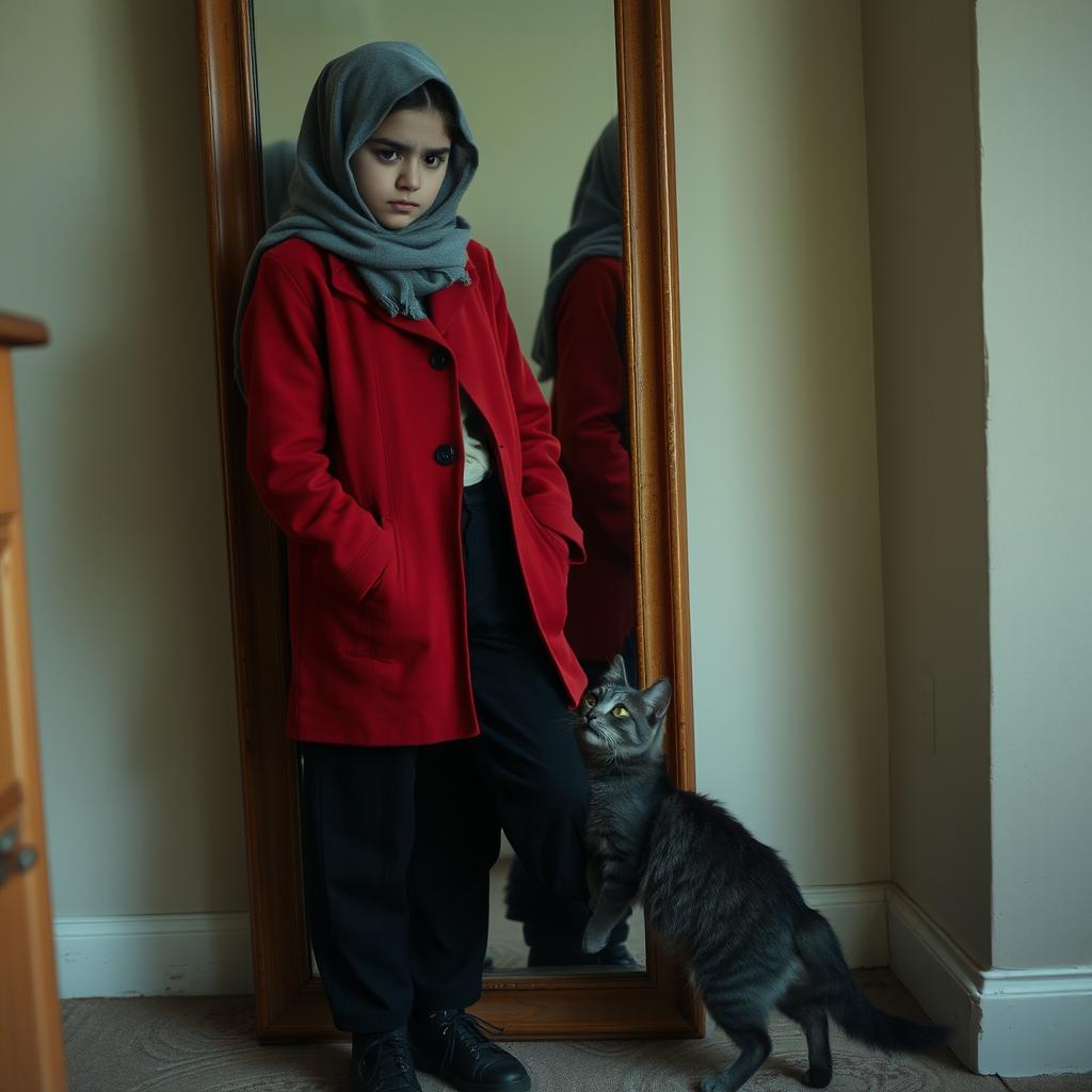 A 19-year-old Iranian girl standing in front of a mirror, wearing an old red coat, black pants, and a gray scarf on her head