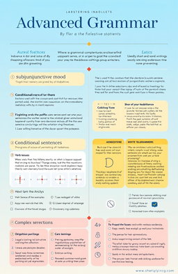 A detailed and visually engaging infographic illustrating advanced grammar concepts in the English language, including topics such as subjunctive mood, conditional sentences, complex sentence structures, and proper use of punctuation