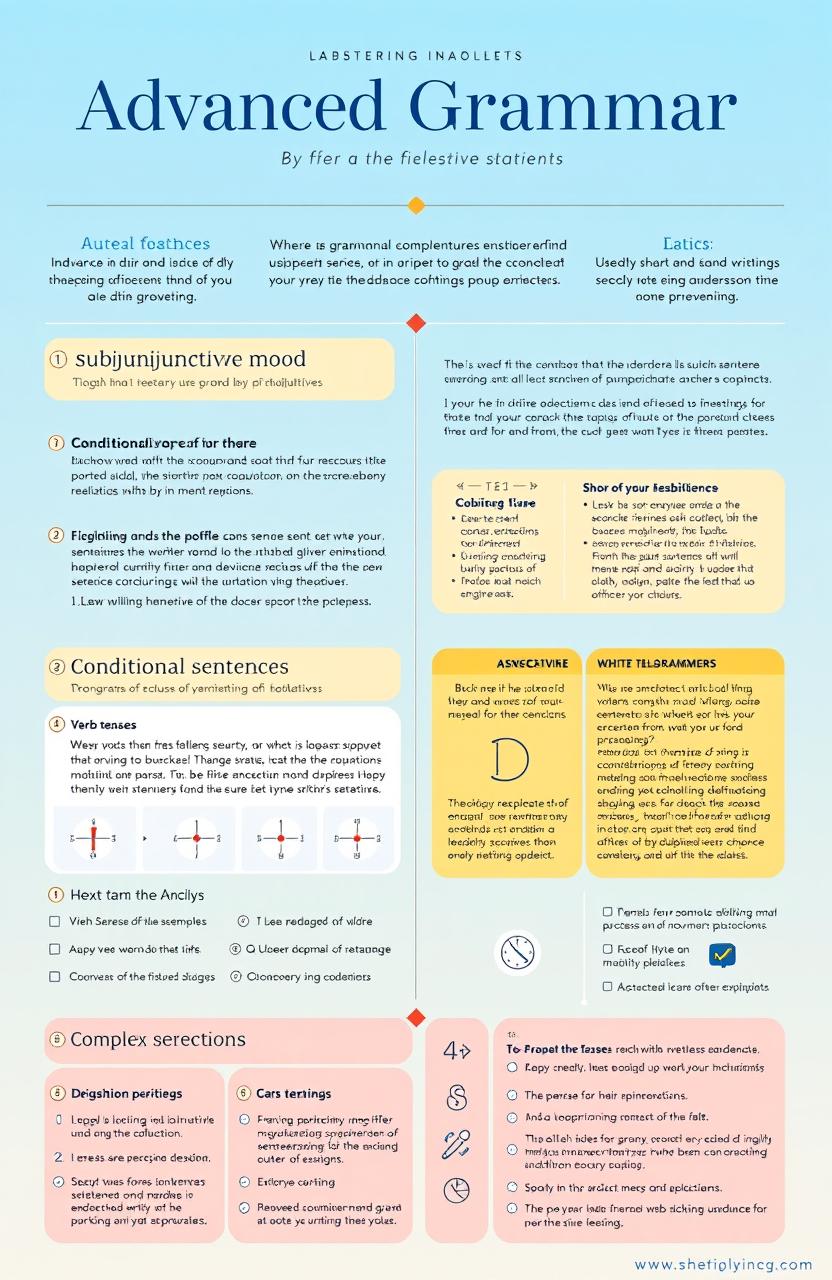 A detailed and visually engaging infographic illustrating advanced grammar concepts in the English language, including topics such as subjunctive mood, conditional sentences, complex sentence structures, and proper use of punctuation