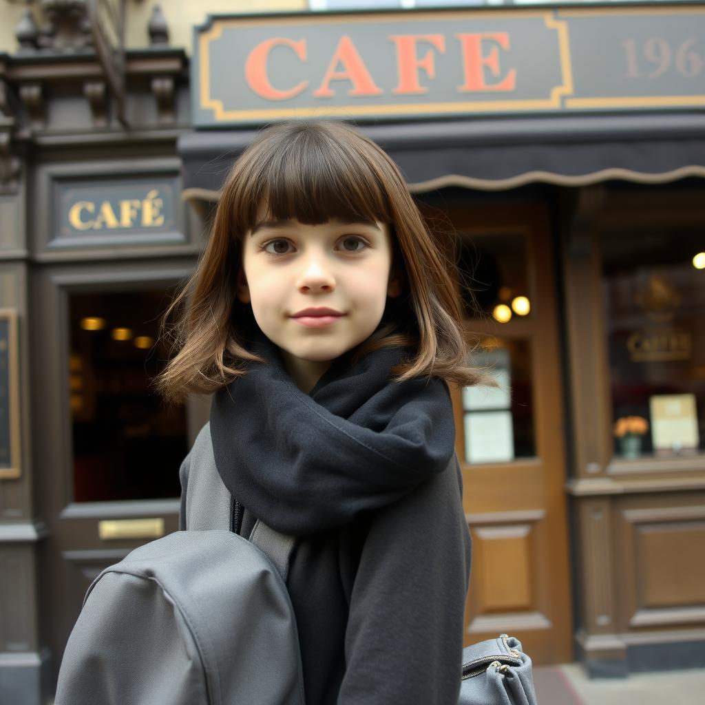 A girl with chestnut hair and black bangs, wearing a black scarf and carrying a gray backpack, standing in front of the door of a classic café in London in 1946