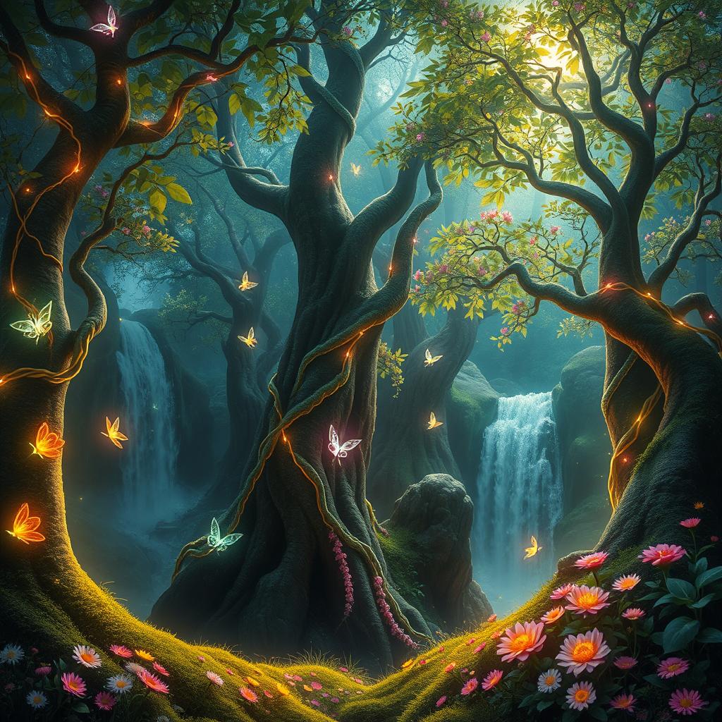 A mystical forest filled with magical trees that have glowing leaves and vibrant colors, their trunks entwined with luminous vines