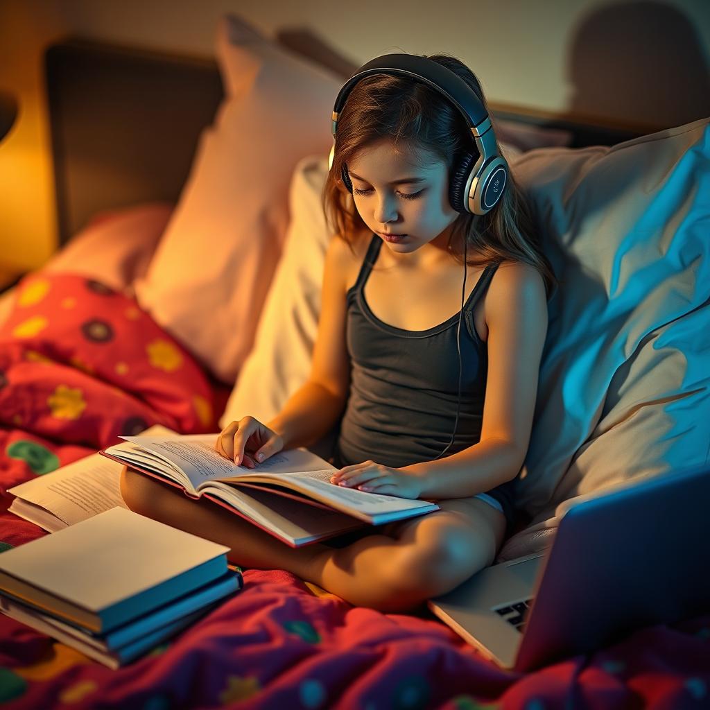 A young girl studying on a bed, wearing a tank top and hot pants, with headphones on