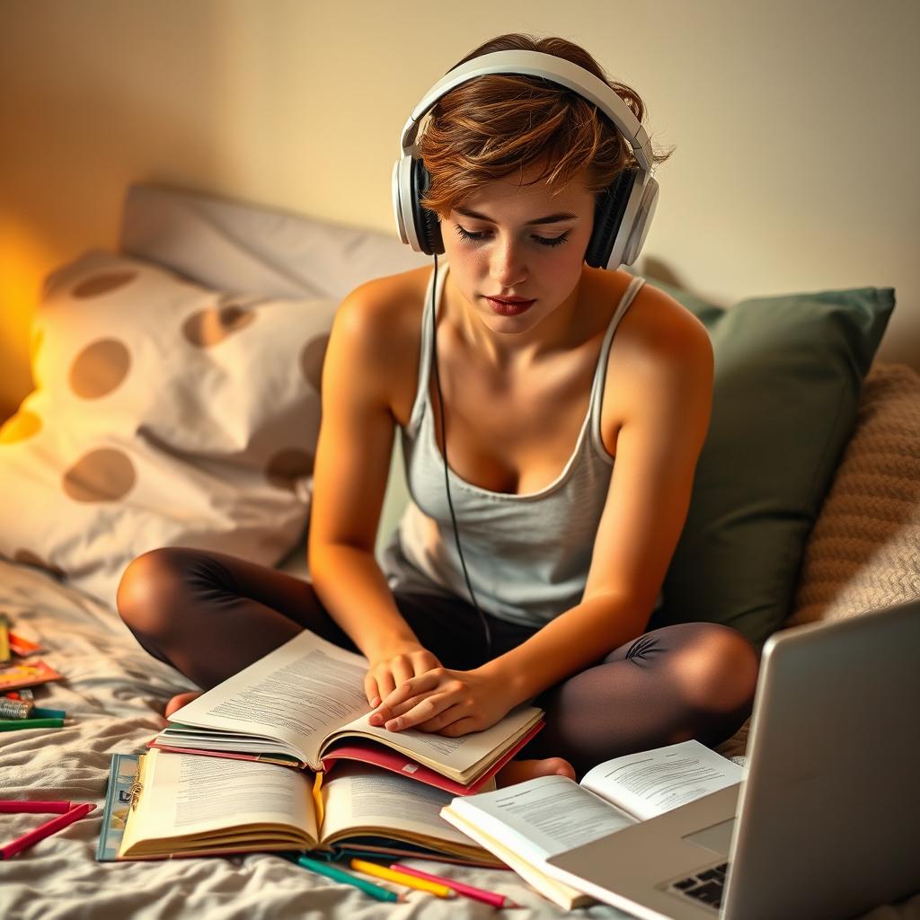 A teenager studying on a bed, wearing a tank top and hotpants, immersed in their work