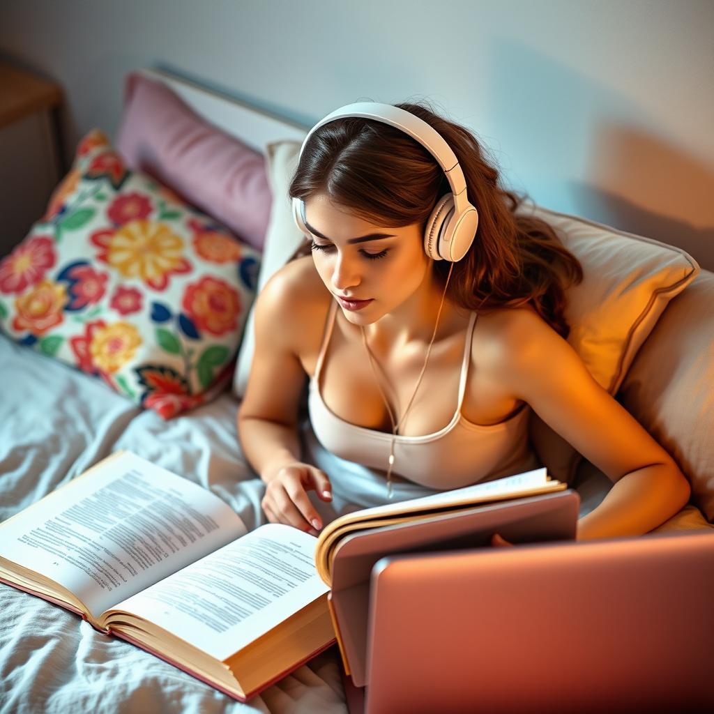 A young woman lying on a bed while studying, wearing a tank top and hot pants, with headphones on
