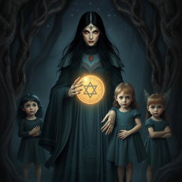 A dark and mystical scene featuring Lilith as a powerful maternal figure, standing in a shadowy, enchanted forest