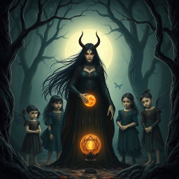 A dark and mystical scene featuring Lilith as a powerful maternal figure, standing in a shadowy, enchanted forest