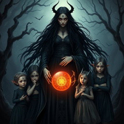 A dark and mystical scene featuring Lilith as a powerful maternal figure, standing in a shadowy, enchanted forest