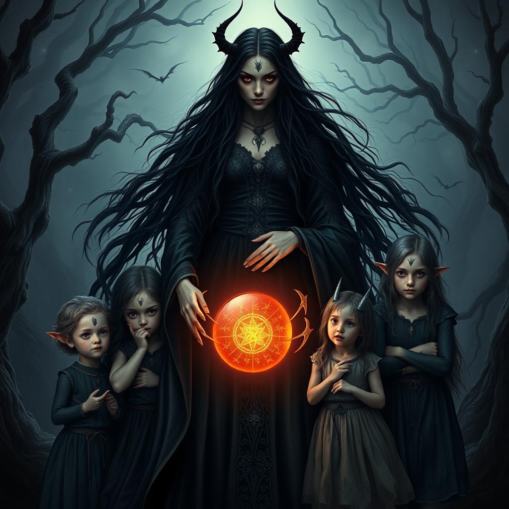 A dark and mystical scene featuring Lilith as a powerful maternal figure, standing in a shadowy, enchanted forest