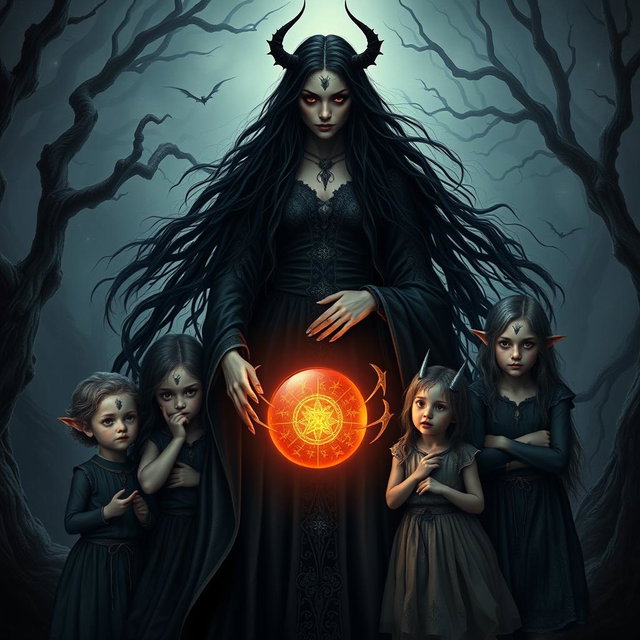 A dark and mystical scene featuring Lilith as a powerful maternal figure, standing in a shadowy, enchanted forest