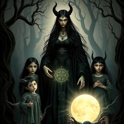 A dark and mystical scene featuring Lilith as a powerful maternal figure, standing in a shadowy, enchanted forest