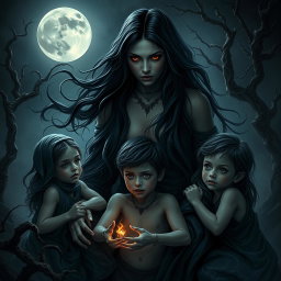 A powerful and haunting scene featuring Lilith as a mother figure, surrounded by her children in a dark, enchanted landscape