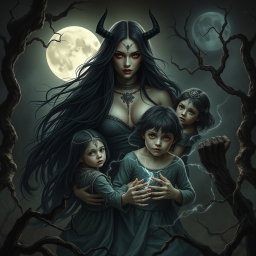 A powerful and haunting scene featuring Lilith as a mother figure, surrounded by her children in a dark, enchanted landscape