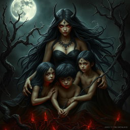 A powerful and haunting scene featuring Lilith as a mother figure, surrounded by her children in a dark, enchanted landscape