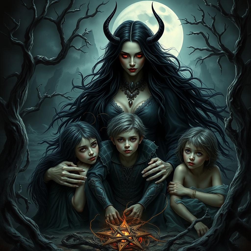 A powerful and haunting scene featuring Lilith as a mother figure, surrounded by her children in a dark, enchanted landscape