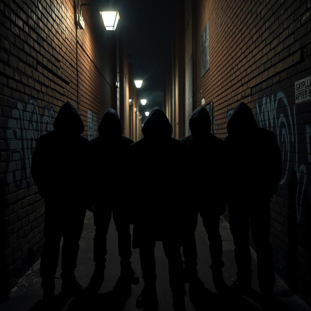 A mysterious urban scene featuring several shadowy men standing together in a dimly lit alley