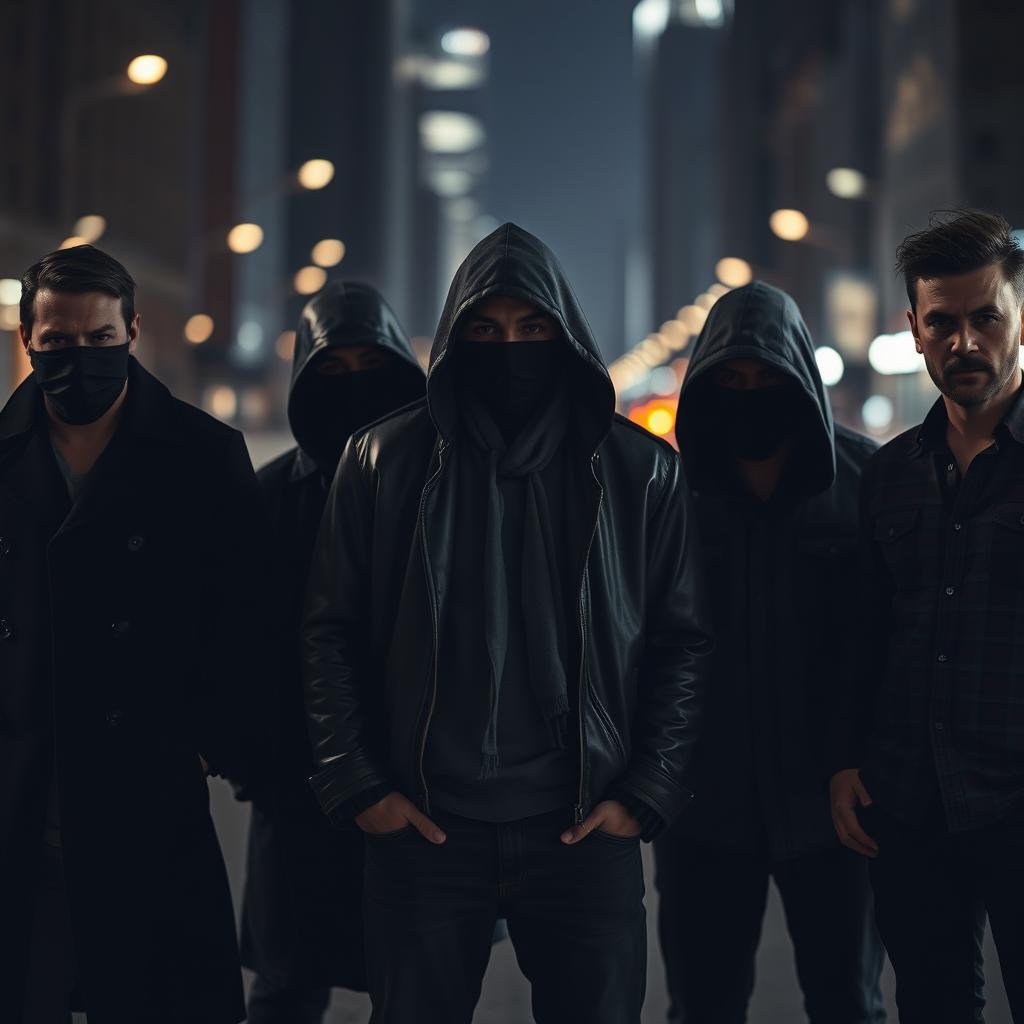 A group of several mysterious men standing together in an urban setting, their faces obscured, creating an air of intrigue