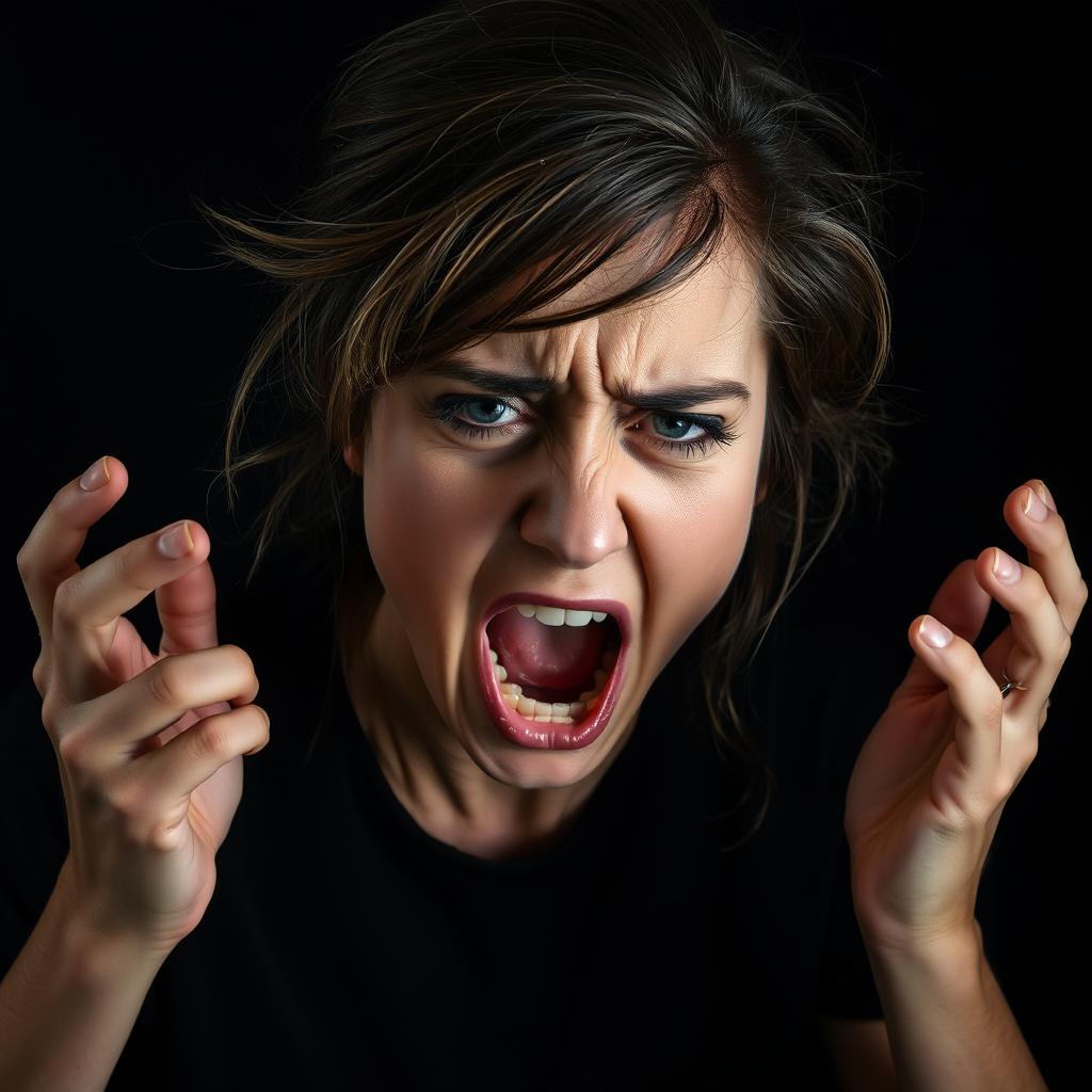 A dramatic portrayal of a woman experiencing a panic attack, her face showing a mix of fear and distress