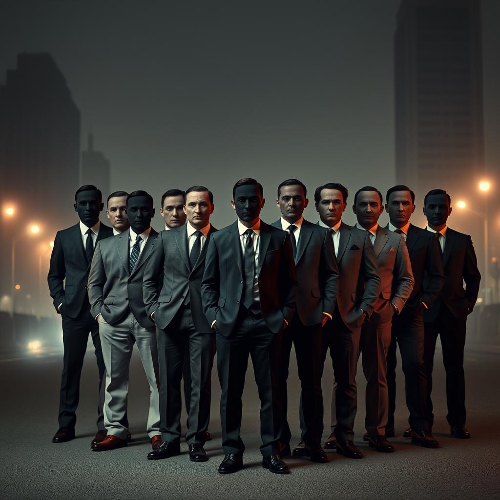 A group of seventeen mysterious men standing together in an urban setting, each man has no face, creating an eerie, surreal atmosphere