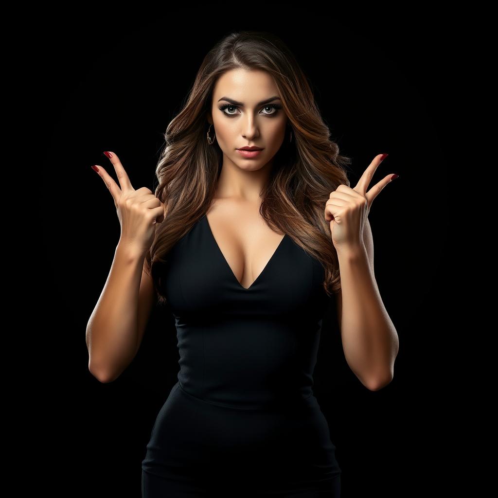A powerful and striking portrait of a woman exhibiting a strong, confident demeanor with her hands in a gesture of strength, surrounded by a dark, black background that emphasizes her figure