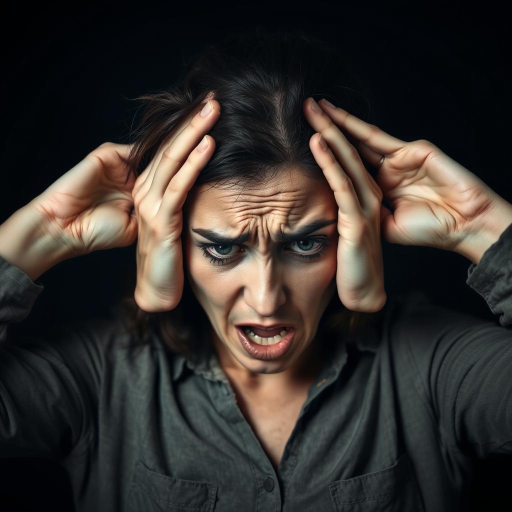 A woman experiencing a panic attack, her expression a mix of fear and distress, with her hands clutching her head as if overwhelmed by anxiety