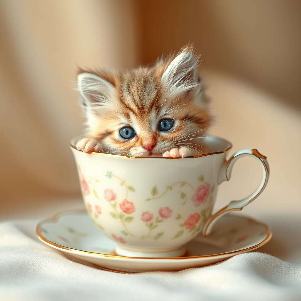 A charming and adorable photograph of a cute kitten comfortably nestled inside a delicate teacup