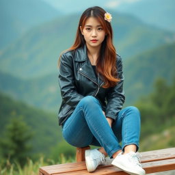 A beautiful Korean woman sitting on a wooden bench, wearing a black leather jacket, blue jeans, and white sneakers