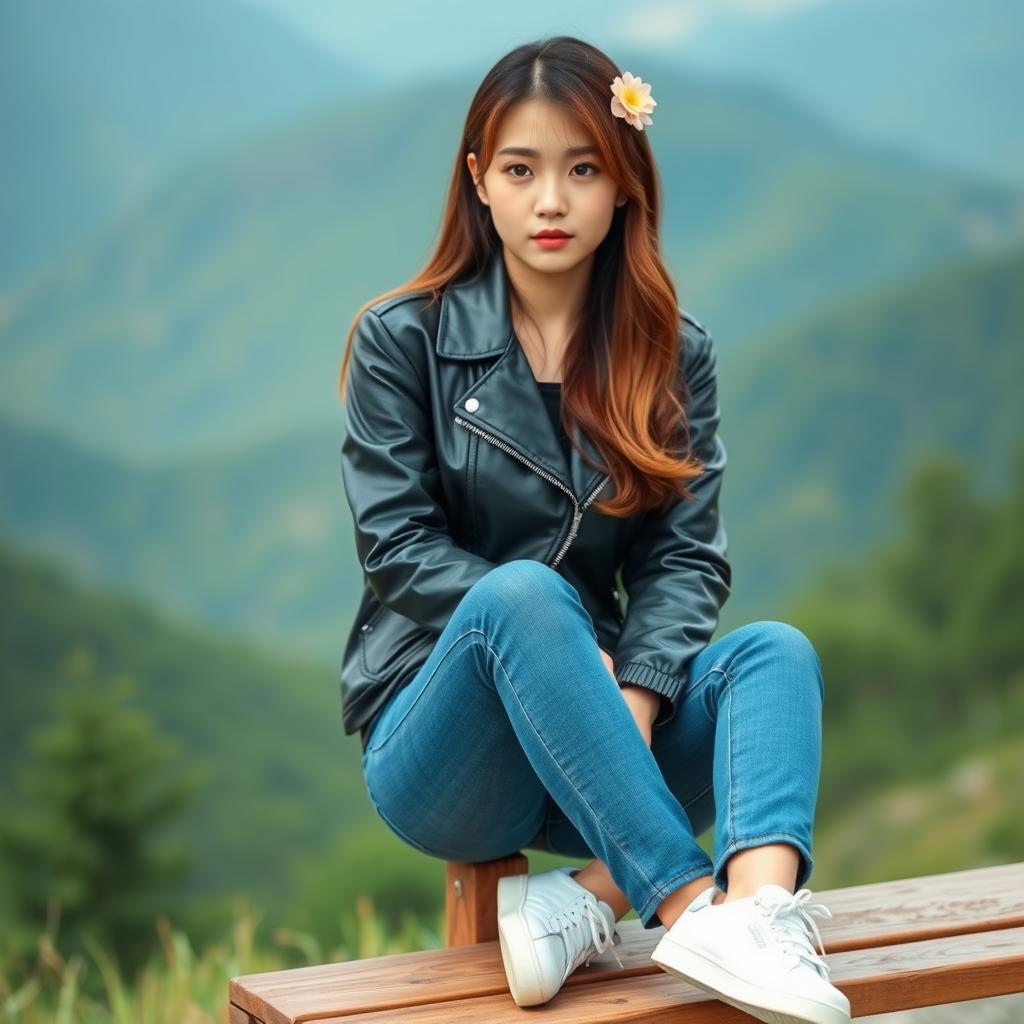 A beautiful Korean woman sitting on a wooden bench, wearing a black leather jacket, blue jeans, and white sneakers