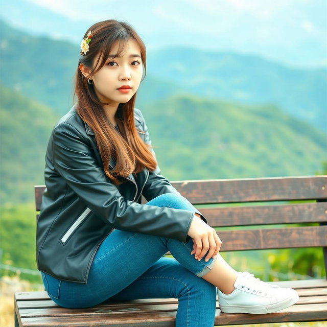 A beautiful Korean woman sitting on a wooden bench, wearing a black leather jacket, blue jeans, and white sneakers