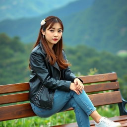 A beautiful Korean woman sitting on a wooden bench, wearing a black leather jacket, blue jeans, and white sneakers