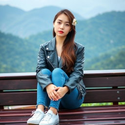 A beautiful Korean woman sitting on a wooden bench, wearing a black leather jacket, blue jeans, and white sneakers