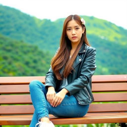 A beautiful Korean woman sitting on a wooden bench, wearing a black leather jacket, blue jeans, and white sneakers