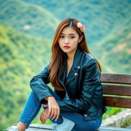 A beautiful Korean woman sitting on a wooden bench, wearing a black leather jacket, blue jeans, and white sneakers