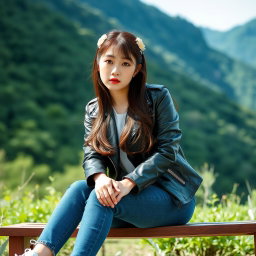 A beautiful Korean woman sitting on a wooden bench, wearing a black leather jacket, blue jeans, and white sneakers