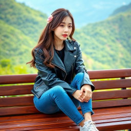 A beautiful Korean woman sitting on a wooden bench, wearing a black leather jacket, blue jeans, and white sneakers