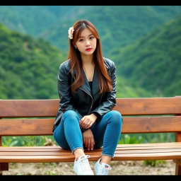 A beautiful Korean woman sitting on a wooden bench, wearing a black leather jacket, blue jeans, and white sneakers