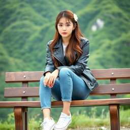 A beautiful Korean woman sitting on a wooden bench, wearing a black leather jacket, blue jeans, and white sneakers