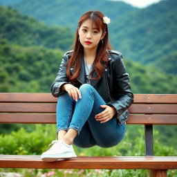 A beautiful Korean woman sitting on a wooden bench, wearing a black leather jacket, blue jeans, and white sneakers