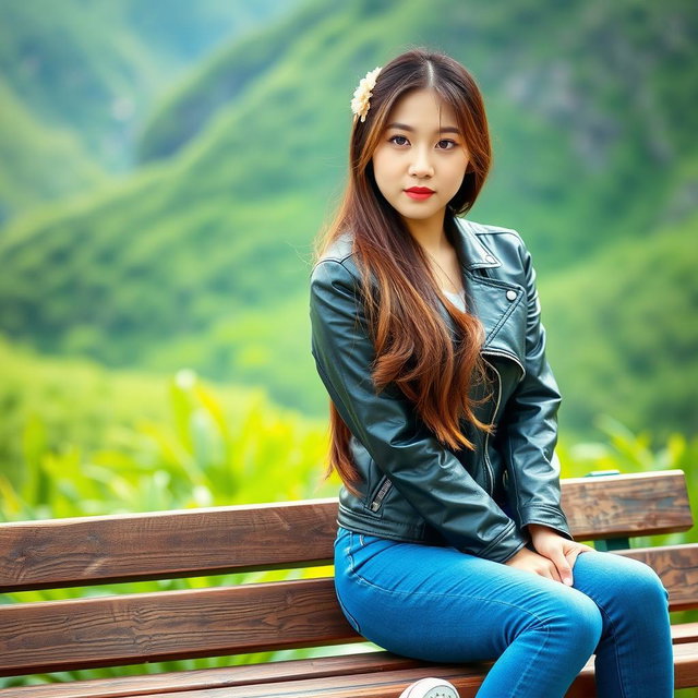 A beautiful Korean woman sitting on a wooden bench, wearing a black leather jacket, blue jeans, and white sneakers