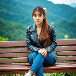 A beautiful Korean woman sitting on a wooden bench, wearing a black leather jacket, blue jeans, and white sneakers